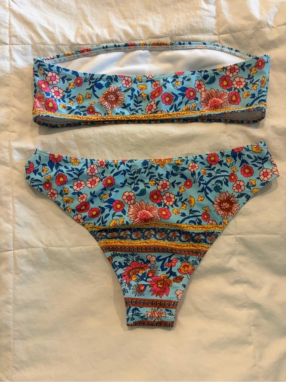 Floral Bandeau Bikini Set with Matching Sheer Robe - Blue Multi